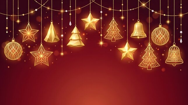 Golden christmas decorations stars bells and trees on a festive red background