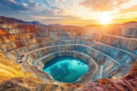 Massive open pit mine with blue water pool under sunset sky