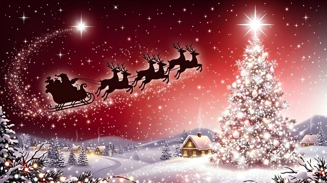 Magical christmas night santa's sleigh soars above snowy landscape with illuminated tree