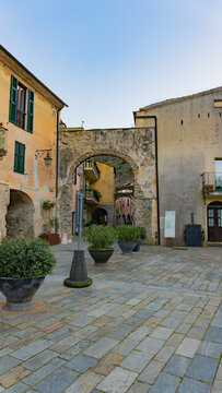 Main entrance to the ancient medieval village of Zuccarello, located in the Neva River valley, in the province of Savona, Liguria, Italy.Most beautiful villages in Italy