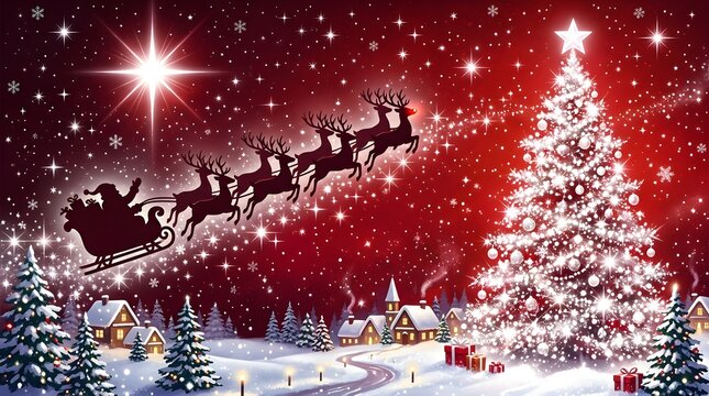 Magical christmas night santa's sleigh rides above a festive winter village scene