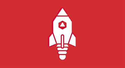 White rocket ship icon on red background. © desschampp
