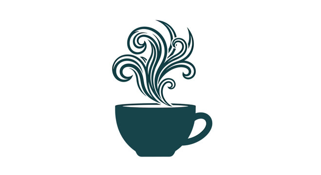 Teal coffee mug with swirling steam cloud art.