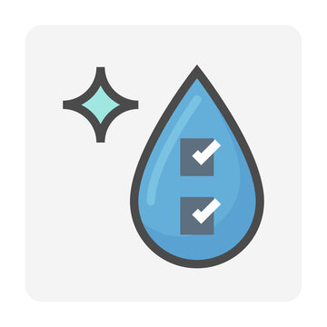 Clean water quality vector icon. Editable stroke. Water droplet with quality check marks representing purified water, safe drinking water, sanitation, filtration, quality control, water treatment.