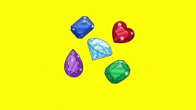 A vibrant 2D cartoon animation of precious gems including a diamond, ruby heart, emerald, and sapphire over a bright yellow backdrop. This graphic is perfect for mobile game interfaces, reward screens