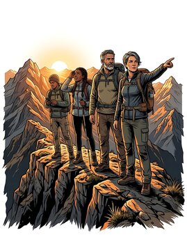 Diverse group of hikers reaching a mountain summit at sunrise