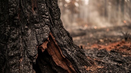 Fototapeta premium Extreme Close Up of Charred Tree Bark Detail with Blurred Wildfire Forest Background Environmental Disaster