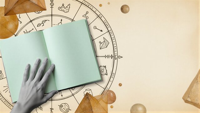 Hand holds open book beside mystical zodiac wheel and geometric shapes.
