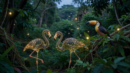Fototapeta premium Glowing flamingos and a toucan in enchanted jungle with floating lights.