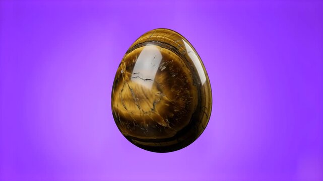 A smooth egg-shaped polished Tiger's Eye gemstone showcasing golden-brown silky chatoyancy, set against a vibrant studio purple backdrop. Great for crystal healing guides, geology educational content,