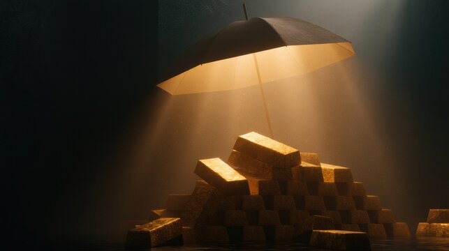 Light shines from an umbrella above a stacked pile of gold bars in a dim vault. The scene highlights wealth in a shadowy space.
