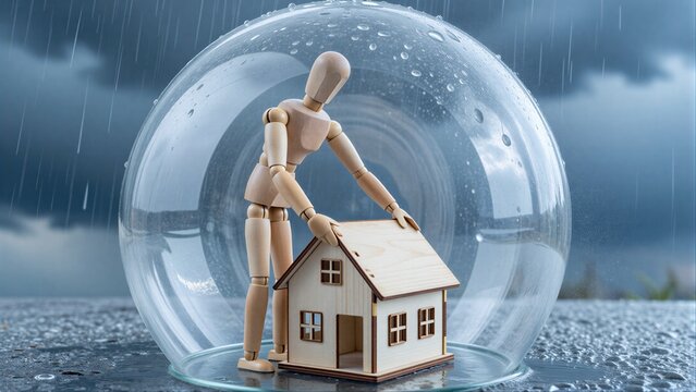 Wooden figure protects tiny house inside glass dome from stormy rain outside.