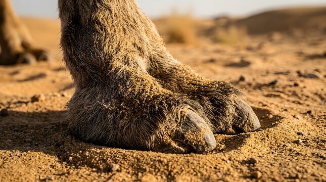 Close-up of a camel's foot on the dry desert sand