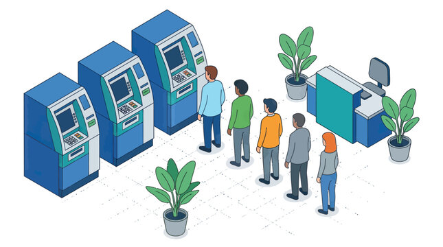 People queuing to use a bank ATM machine isometric illustration