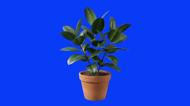 A detailed 3D model of a potted Ficus elastica rubber plant featuring lush dark leaves in a classic terracotta clay pot, set against a solid blue studio backdrop. Ideal for architectural visualization