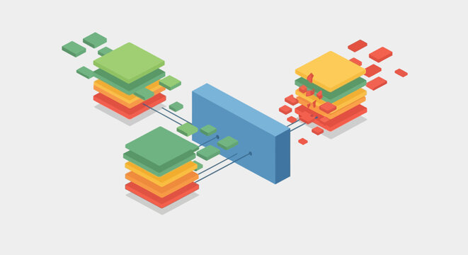 Data structures and geometric blocks represent a complex network flow in this isometric diagram.