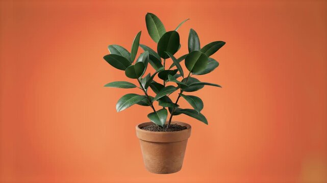 A detailed 3D model of a potted Ficus elastica rubber tree houseplant with thick glossy dark green leaves in a terracotta pot, set against a warm orange studio backdrop. Perfect for interior design vi