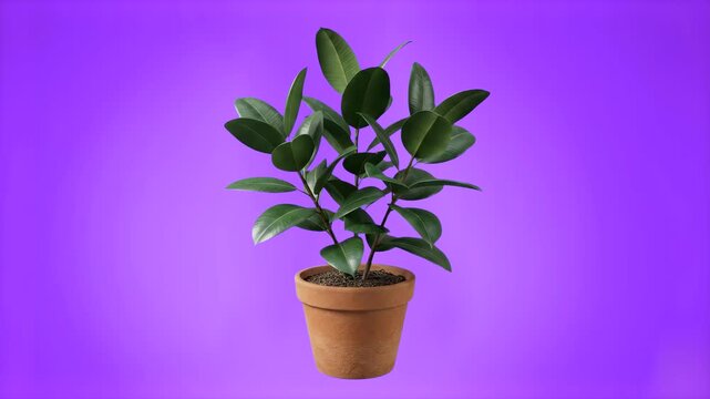 A potted Rubber Tree plant featuring glossy deep green leaves in a terracotta pot, set against a smooth purple studio backdrop. Excellent for modern home decoration guides, interior design renders, bo