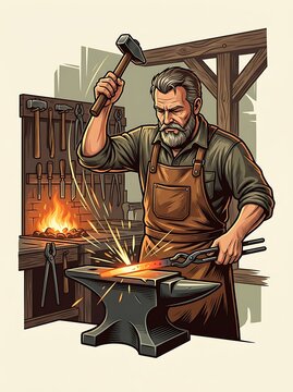 Skilled blacksmith forging glowing metal on an anvil in his shop