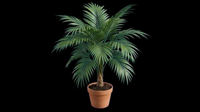 A lush, green tropical palm tree potted inside a clean ceramic container, isolated against a solid black background. Perfect for realistic interior design visualizations, home decor promotions, and bo