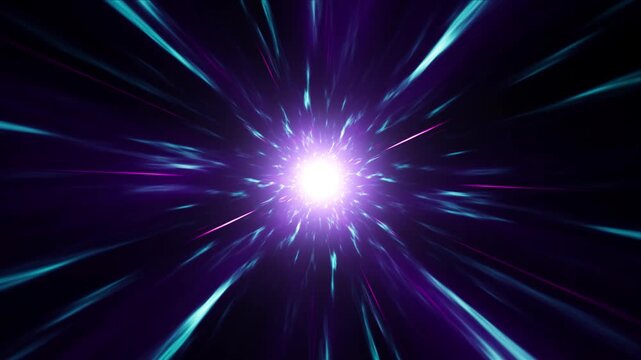Dynamic futuristic sci-fi background with neon energy light stars beams zoom effect. Flying at hyperspace warp speed through a galaxy of stars and particles or a space energy portal.