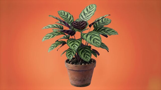 A detailed 3D render of a healthy Calathea houseplant with strikingly patterned oval leaves sitting inside a terracotta pot against a solid orange backdrop. Perfect for interior design graphics, e-com