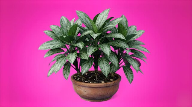 A lush Aglaonema Chinese Evergreen houseplant with patterned silver-green foliage in a ceramic bowl, set against a vibrant studio pink backdrop. Ideal for interior decoration concepts, indoor plant gu