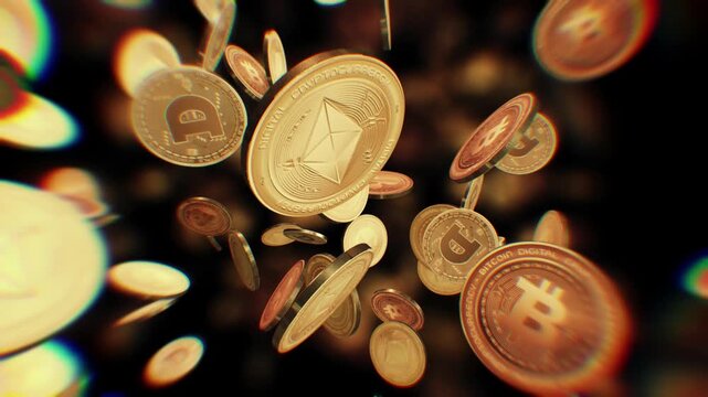cryptocurrency isolated flying between golden coins background. Rotating golden metal coins
