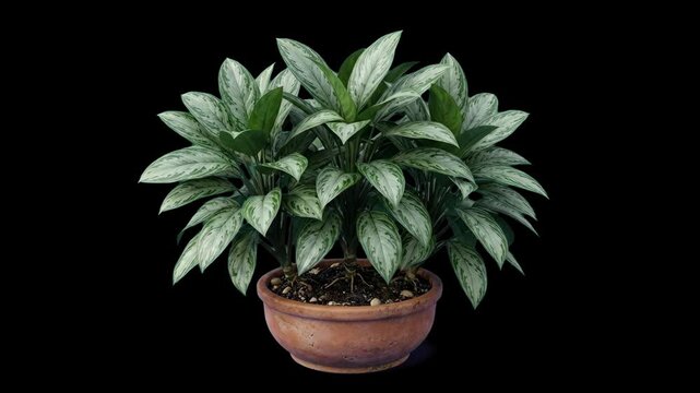 A lush 3D model of a potted Chinese evergreen (Aglaonema) featuring silver-green variegated leaves, isolated on a dark backdrop. Suitable for high-contrast interior decor promos, botanical animations,