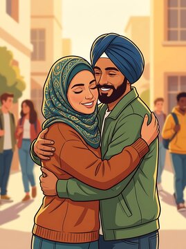 Happy multicultural couple sharing a warm hug outdoors