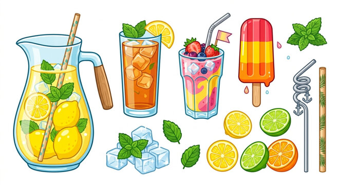 Summer drink vector set with lemonade pitcher, iced tea glass, fruit smoothie, and popsicle. Refreshing beverage collection with citrus slices and ice cubes.