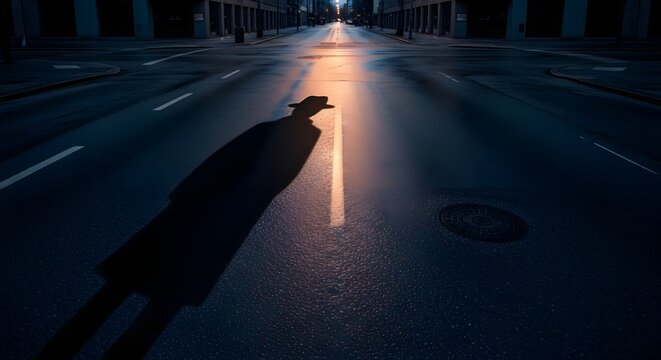 Long shadow of a man wearing a hat on a city street at night