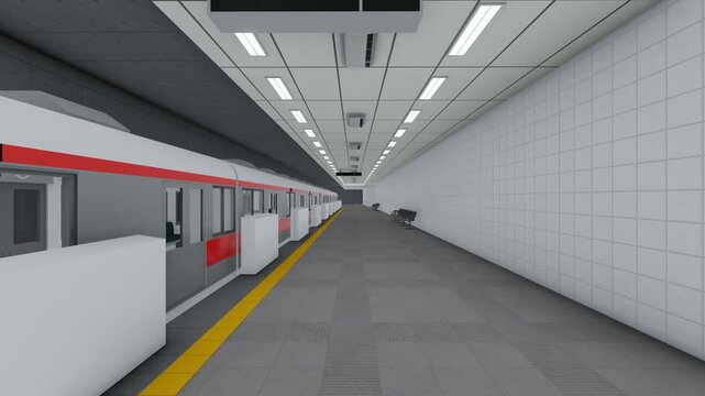 赤い地下鉄車両が停車する地下駅ホーム ドア締まる3DCGアニメーション