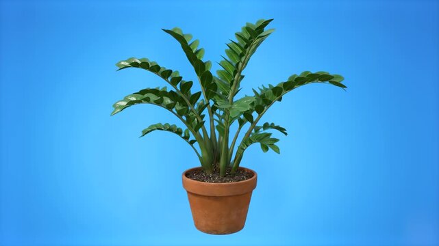 A detailed 3D model of a potted Zamioculcas zamiifolia ZZ plant with glossy green leaves in a clay terracotta pot, isolated against a solid blue studio backdrop. Perfect for interior design videos, ho