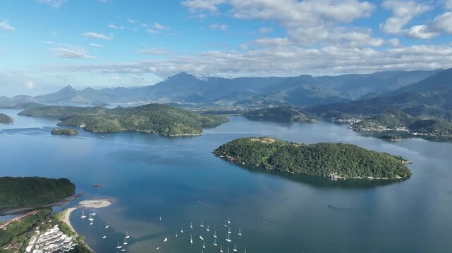 Angra dos Reis, Rio de Janeiro. Aerial view, establishing shot.
