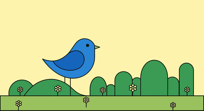 Simple blue bird in green hilly spring landscape.