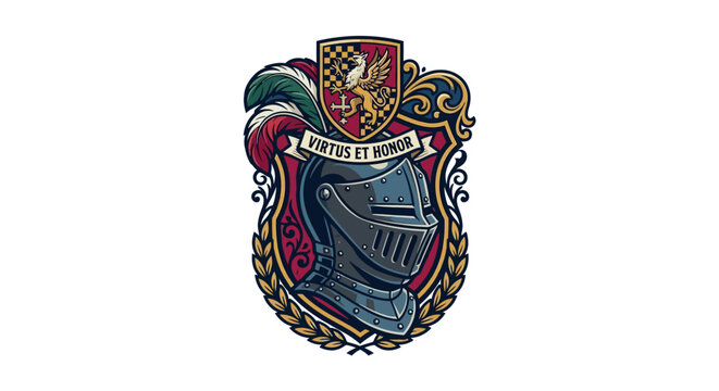 Heraldic Shield Emblem with Knight Helmet and Latin Inscription
