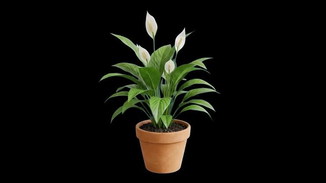 A 3D render of a blooming Peace Lily plant with lush green leaves and white spath flowers in a clay pot, isolated on a solid black background. Perfect for interior design visualizations, plant care pr
