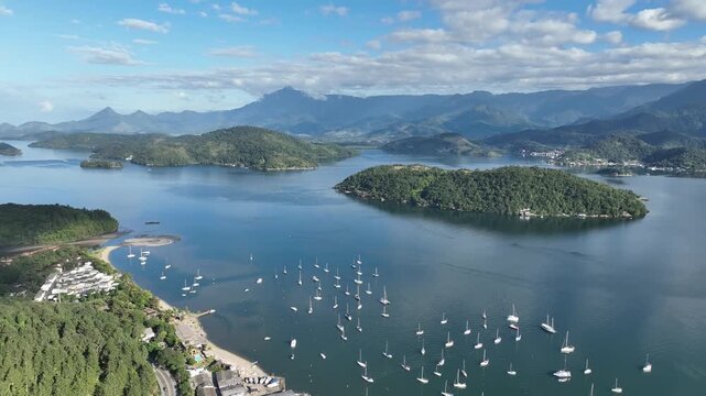 Angra dos Reis, Rio de Janeiro. Aerial view, establishing shot.