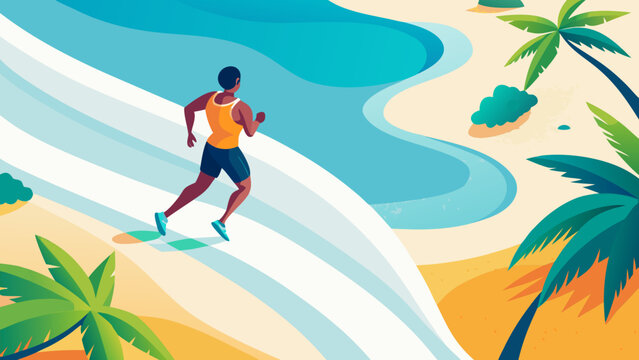 Top view illustration of male runner jogging along sandy beach with turquoise water, palm trees, and clear blue sky in the background, travel and healthy lifestyle concept