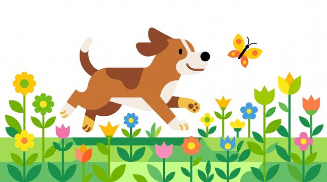 Playful brown dog running through colorful flower garden, happy puppy chasing butterfly in spring meadow, flat vector style animal illustration