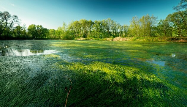 Green Algae On The Water Surface Of A Pond Spring Landscape