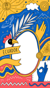 Poster pop de Ecuador de fondo azul con marco circular y elementos del pa&iacute;s