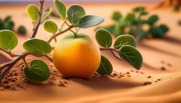 Macro Shot Of Citrullus Colocynthis Ripe Fruit Alongside Stems And Leaves Growing On A Sandy Landscape