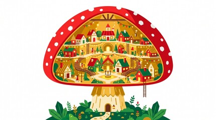 Whimsical mushroom house illustration, miniature fantasy village inside a red toadstool, magical fairy tale community with tiny cottages © Muhammad
