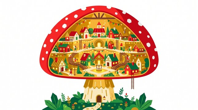 Whimsical mushroom house illustration, miniature fantasy village inside a red toadstool, magical fairy tale community with tiny cottages