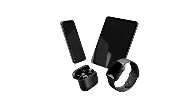 Detailed 3D model mockup of black smart devices &mdash; smartphone, tablet, smartwatch, and wireless headphones, isolated on a clean white background with soft shadows. Excellent for e-commerce store listin