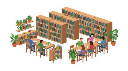 Isometric library interior with bookshelves and students studying at tables © Andi