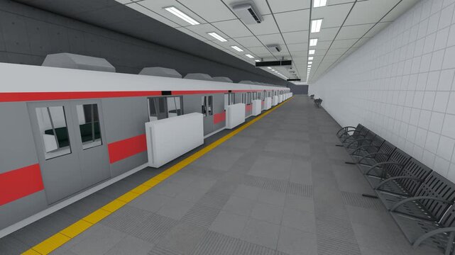 赤い地下鉄車両が停車する地下駅ホーム ドア締まる3DCGアニメーション