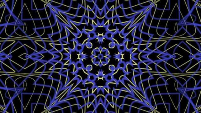 Symmetrical blue yellow lines circular geometric star pattern on black background for digital designs, backgrounds, wallpapers, textiles, and packaging.